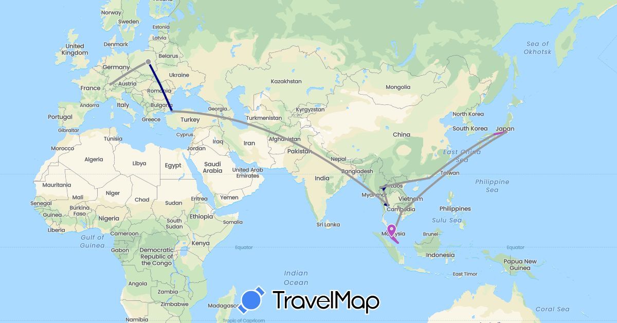 TravelMap itinerary: driving, plane, train in Switzerland, China, Japan, Cambodia, Malaysia, Poland, Thailand, Turkey, Taiwan, Vietnam (Asia, Europe)
